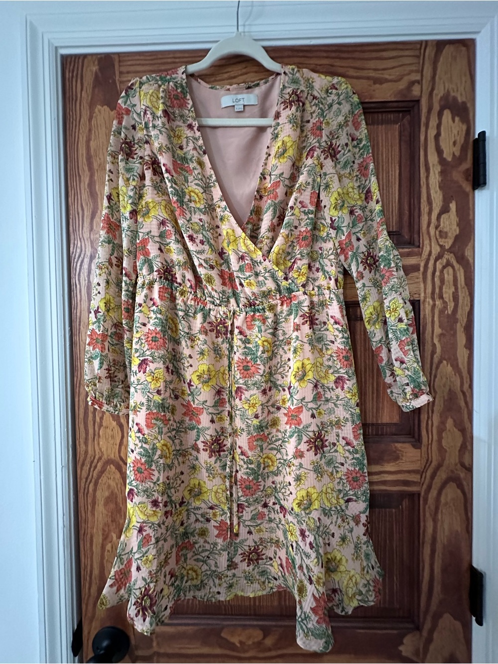 LOFT Peach Floral Wrap Dress with Yellow & Green Accents
